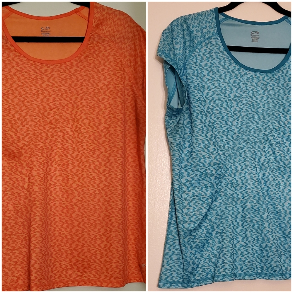 Two XL Champion DuoDry Shirts - Turquoise are Coral Colored
